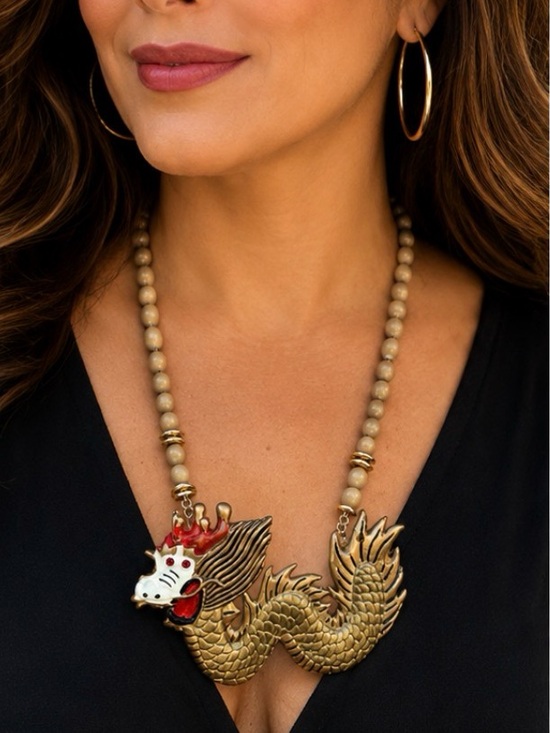 Jewelry - 🐉 Bold Gold Tone Dragon Statement Necklace Beaded Red Rhinestone Eyes